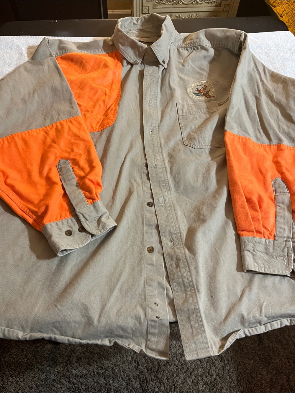 Woolrich Men's Light Gray Button-Down Shirt with Orange Sleeve Panels